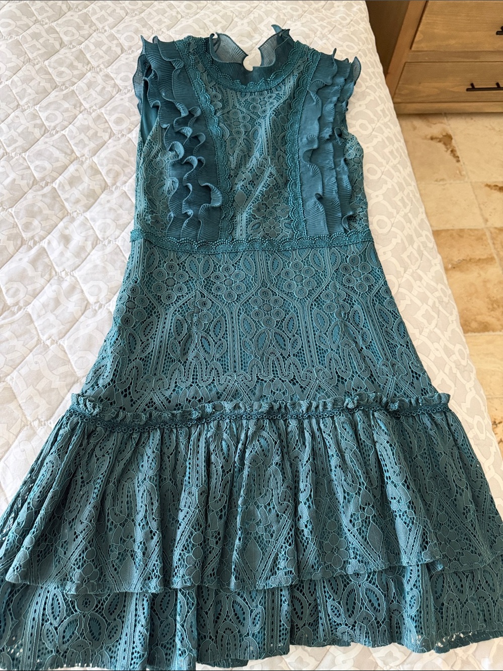 Aqua Teal Pleated Neckline Dress